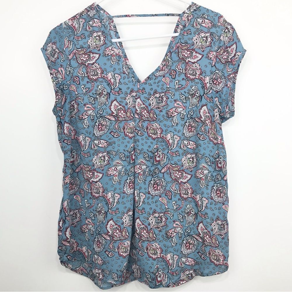 DR2 Blue Floral Paisley Flowing Cap Sleeve Blouse